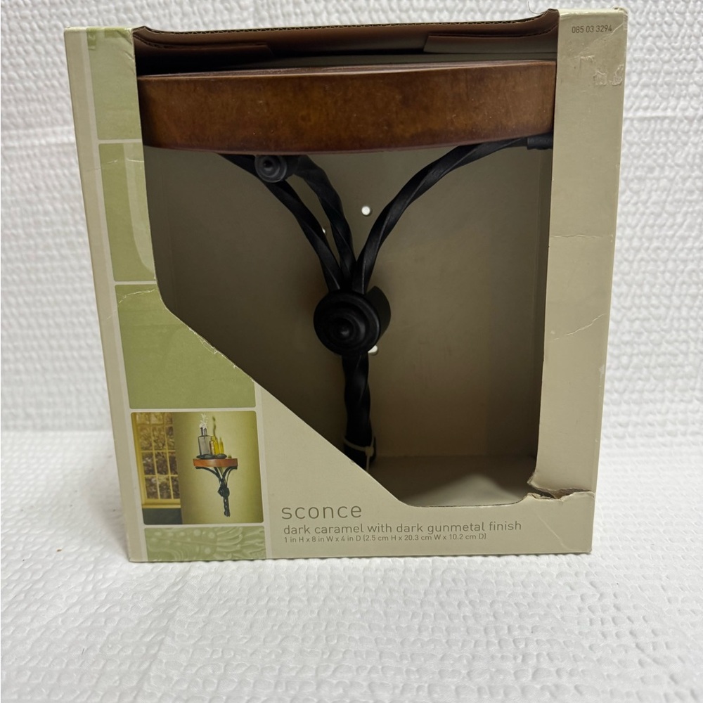 Dark Caramel Sconce with Gunmetal Finish decorative mini shelf